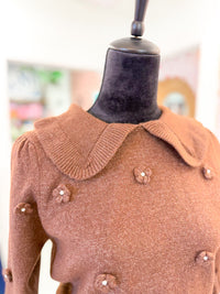 Collared Floral Sweater Top - Brown