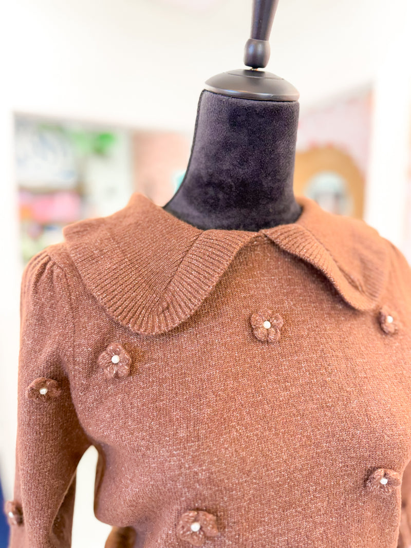 Collared Floral Sweater Top - Brown