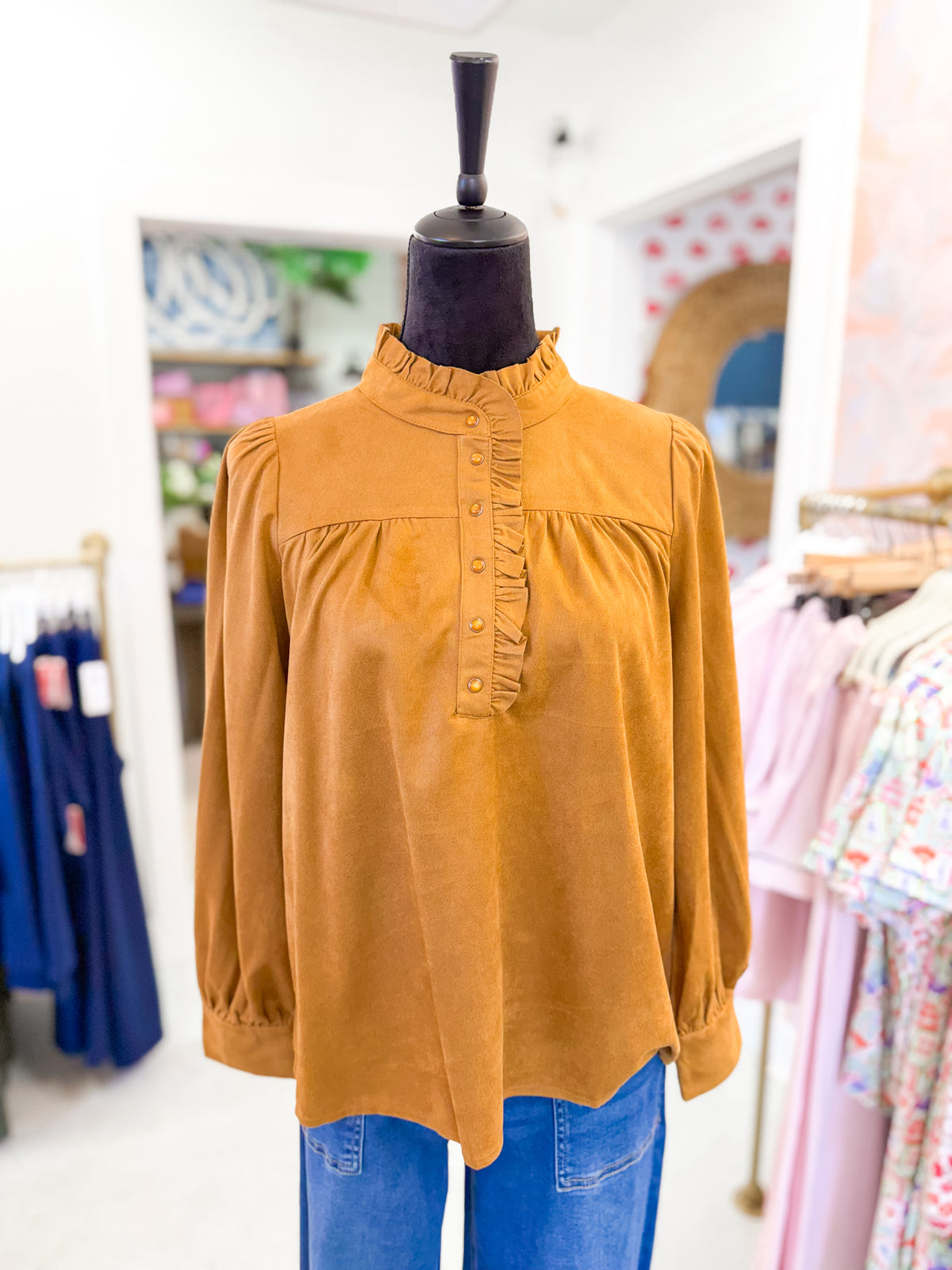 Ruffled Neck Blouse - Camel