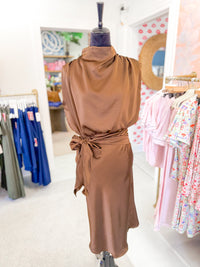 Mock Neck Midi Dress - Brown