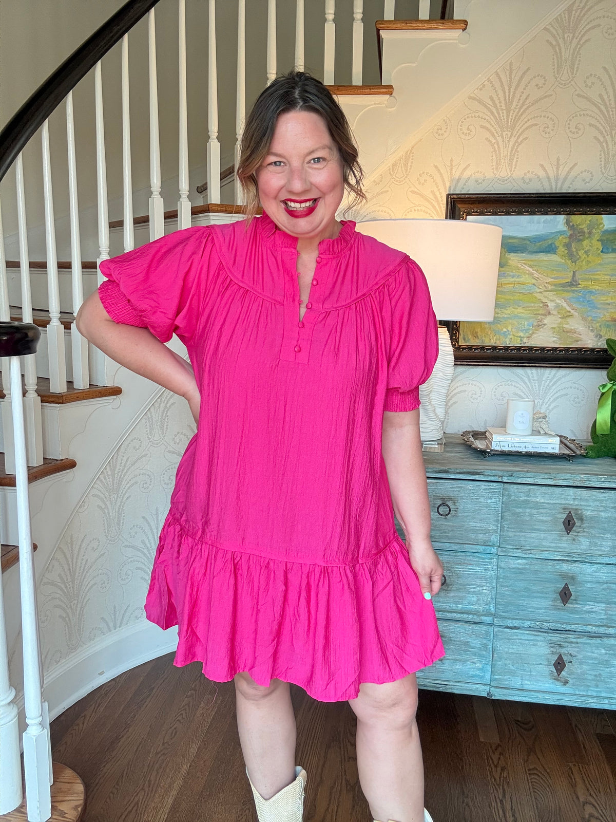 Solid Mock Neck Short Sleeve Mini Dress - Pink