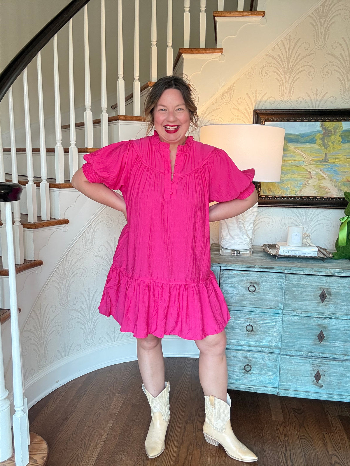 Solid Mock Neck Short Sleeve Mini Dress - Pink