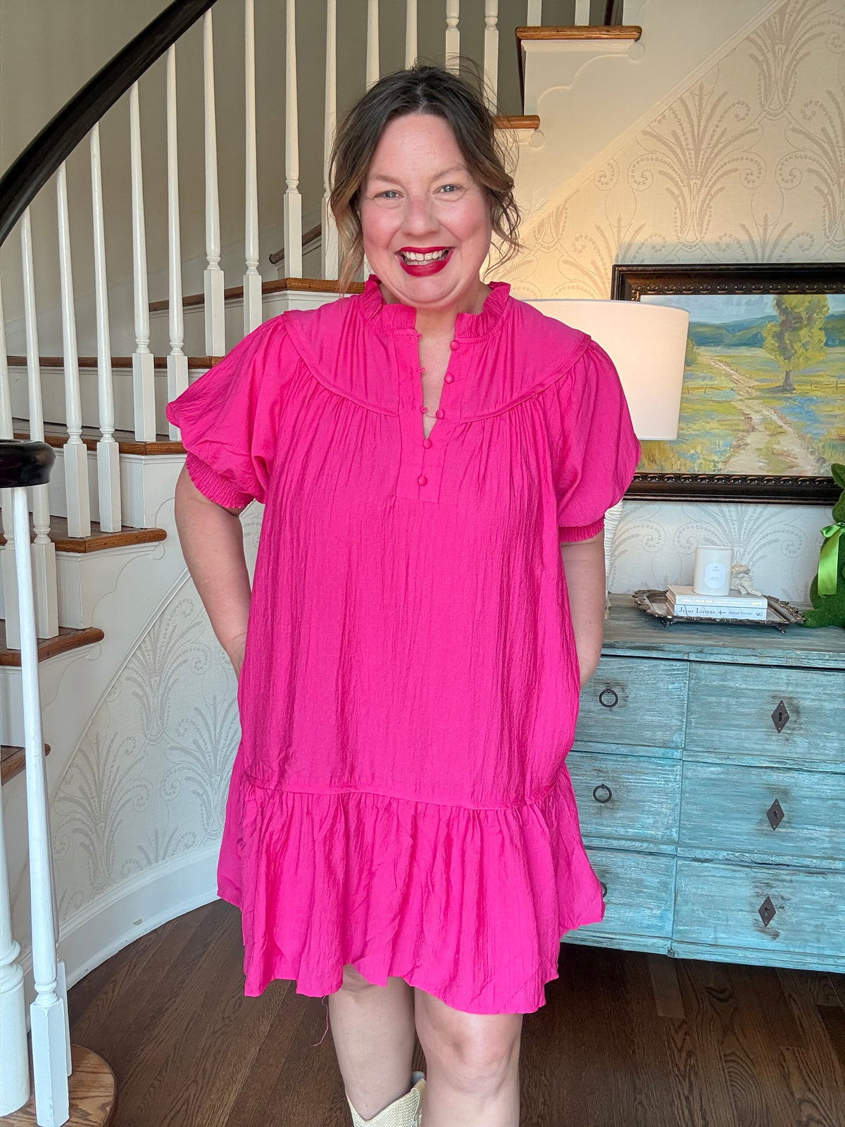 Solid Mock Neck Short Sleeve Mini Dress - Pink