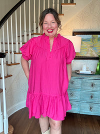 Solid Mock Neck Short Sleeve Mini Dress - Pink