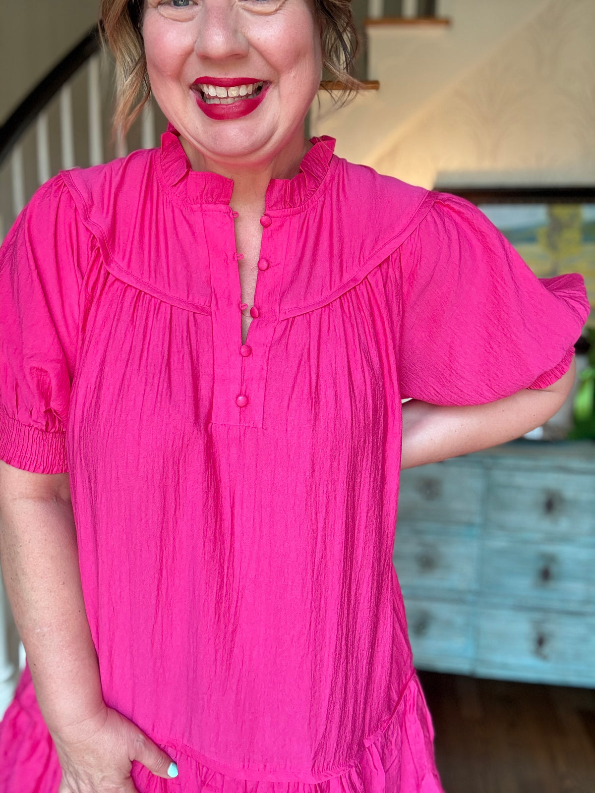 Solid Mock Neck Short Sleeve Mini Dress - Pink