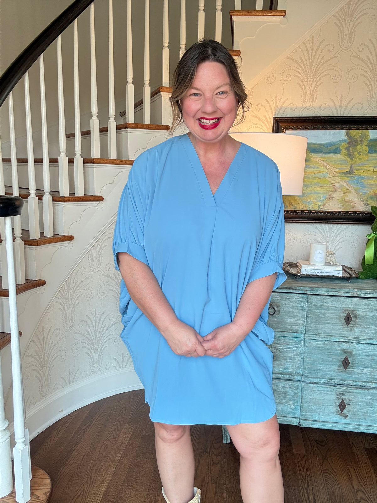 V-neck Half Sleeve Mini Dress - Chambray