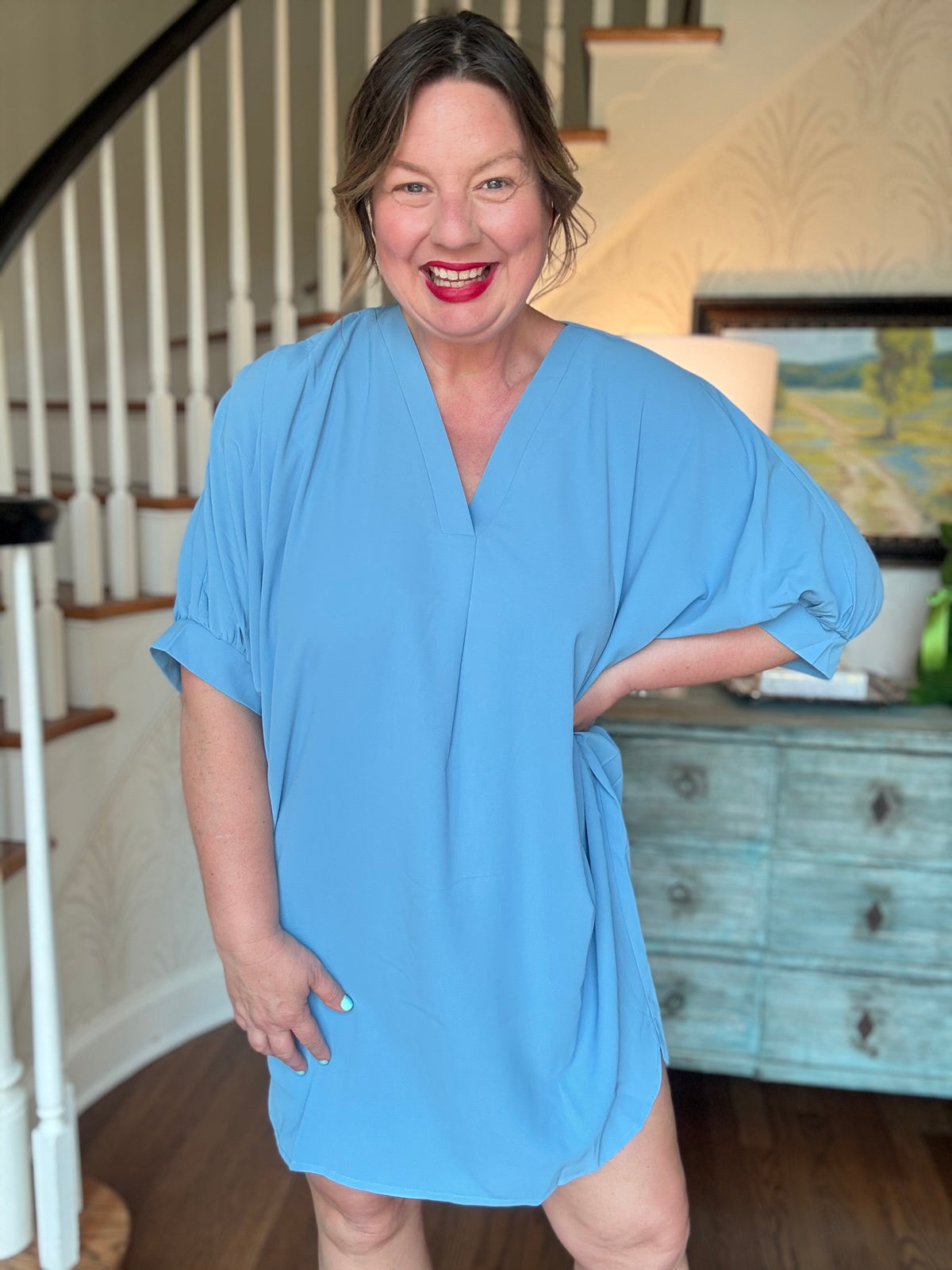 V-neck Half Sleeve Mini Dress - Chambray
