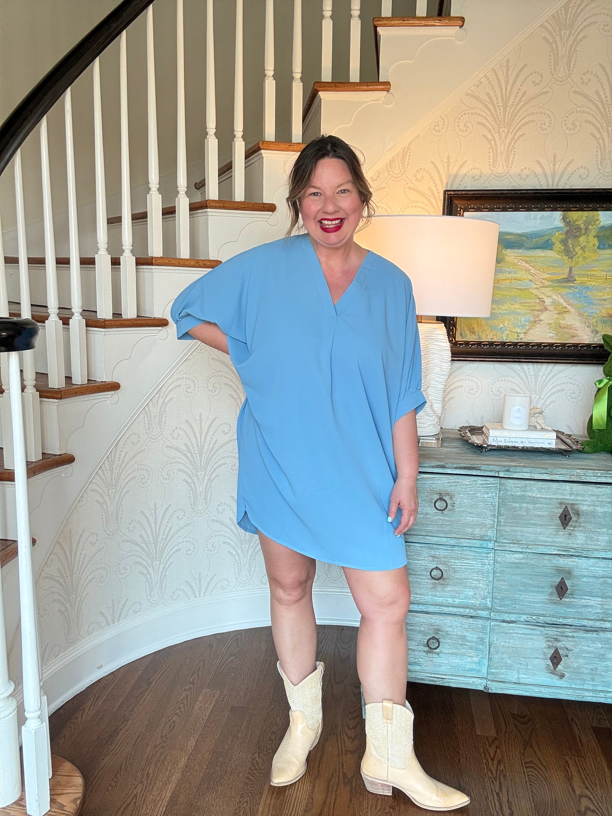 V-neck Half Sleeve Mini Dress - Chambray