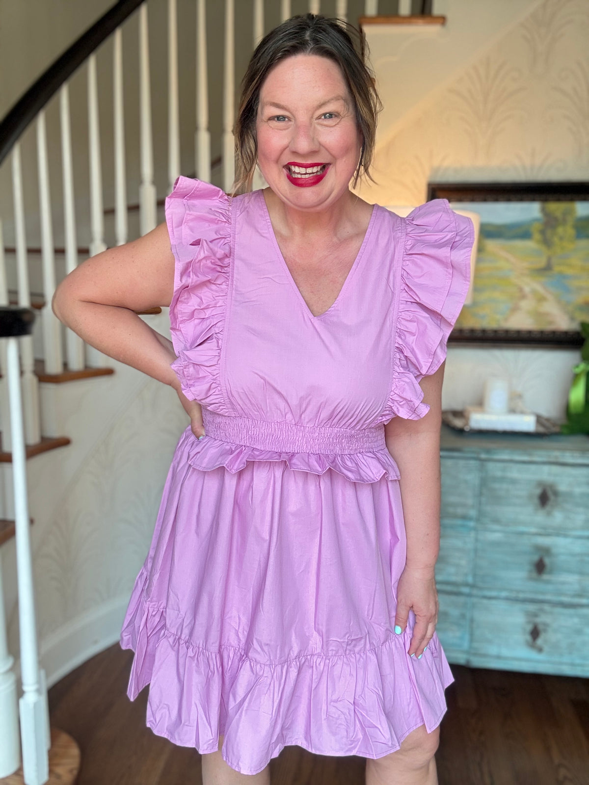 Ruffle Sleeve Mini Dress with Smocked Waist - Lilac