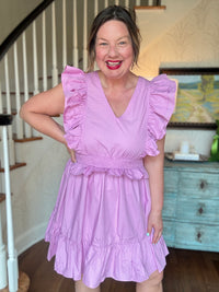 Ruffle Sleeve Mini Dress with Smocked Waist - Lilac