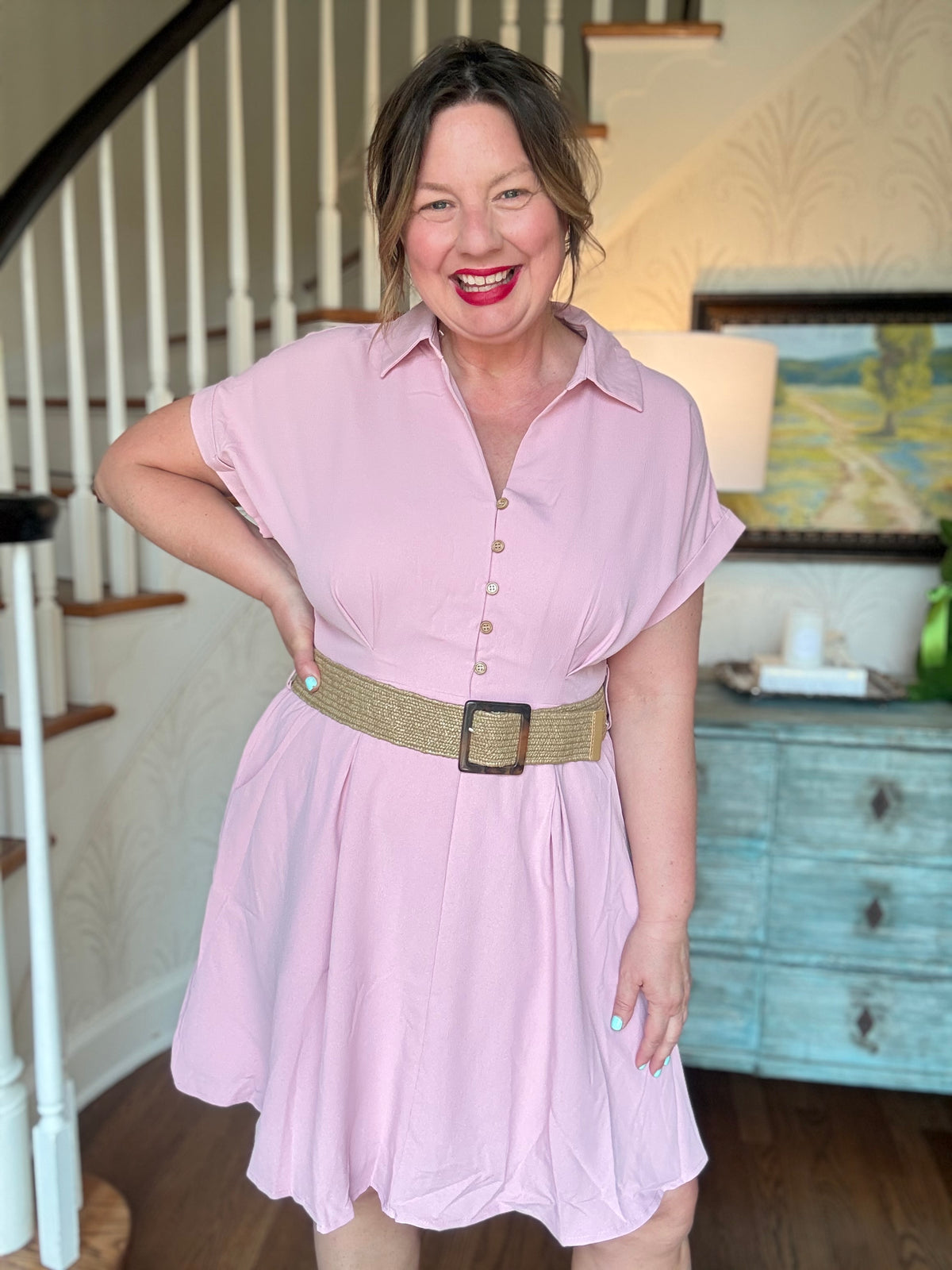 Solid Collared Button Up Short Sleeve Mini Dress - Pink