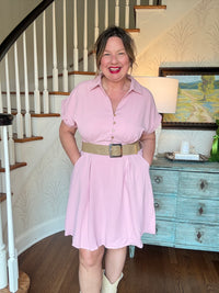 Solid Collared Button Up Short Sleeve Mini Dress - Pink