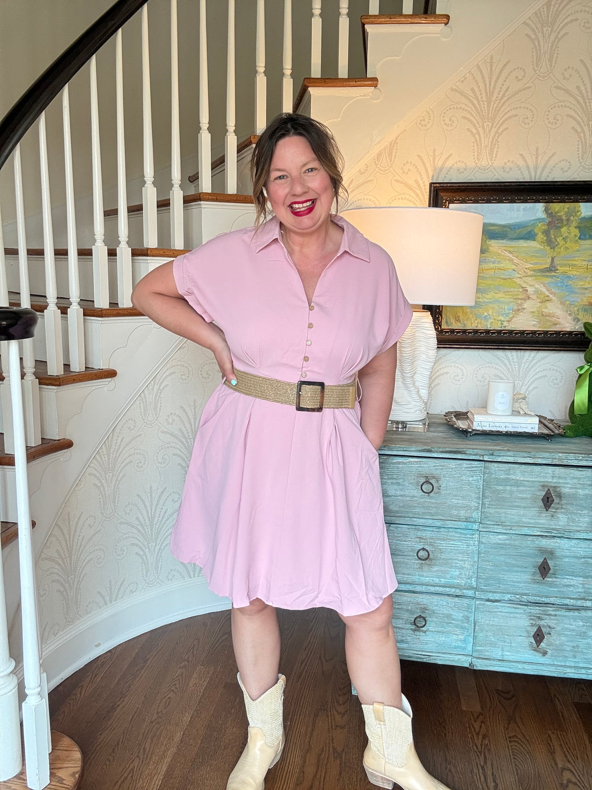 Solid Collared Button Up Short Sleeve Mini Dress - Pink