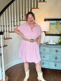 Solid Collared Button Up Short Sleeve Mini Dress - Pink