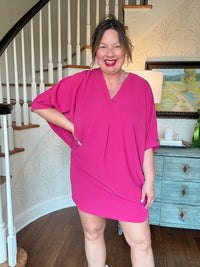 V-neck Half Sleeve Mini Dress - Magenta