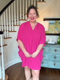 V-neck Half Sleeve Mini Dress - Magenta