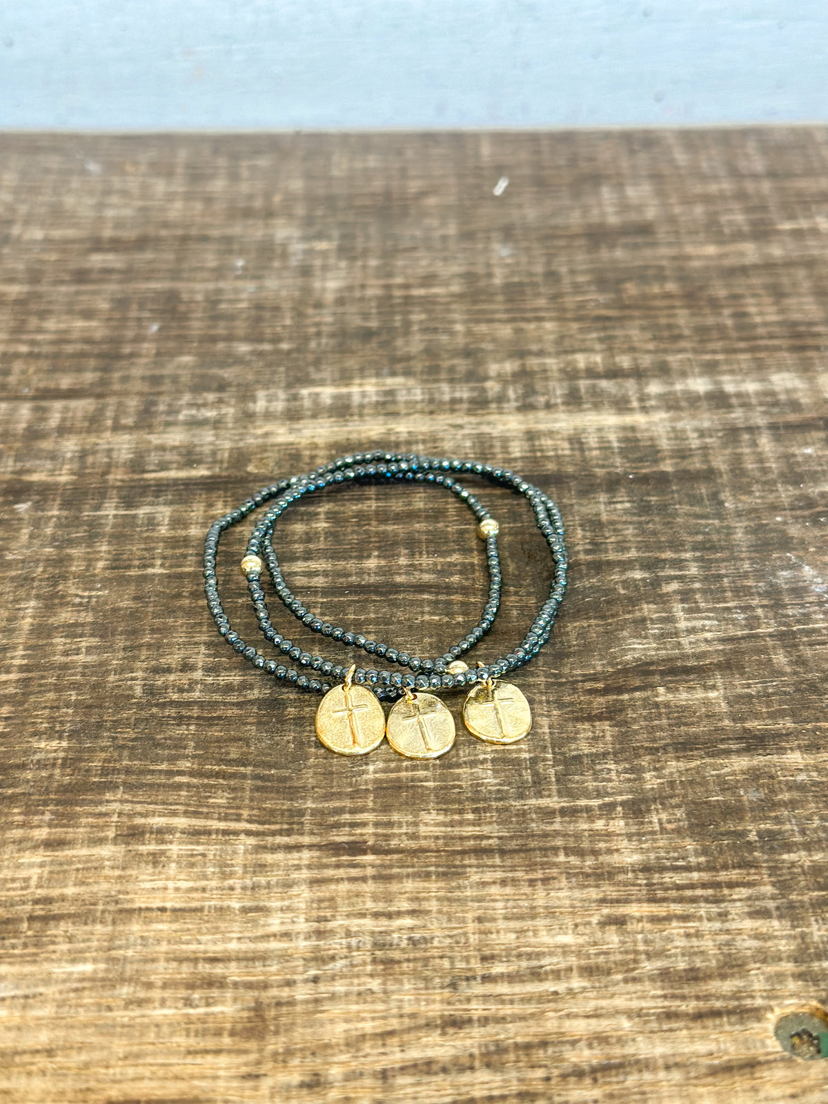 Faceted Hematite 2mm Bead Bracelet - Inspire Small Gold Charm