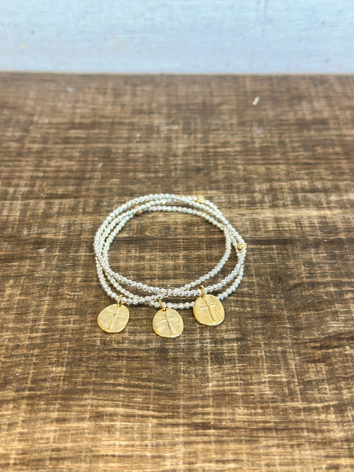 Bright Silver Faceted Hematite 2mm Bead Bracelet - Inspire Small Gold Charm