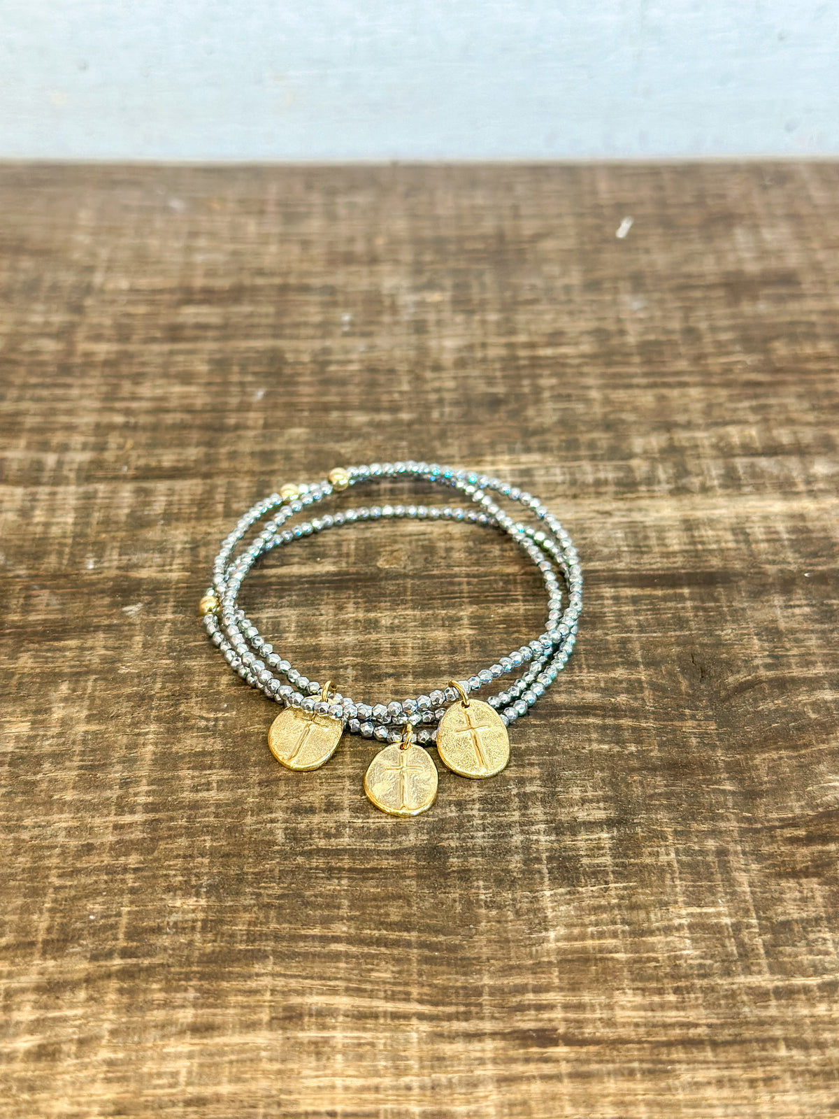 Silver Faceted Hematite 2mm Bead Bracelet - Inspire Small Gold Charm