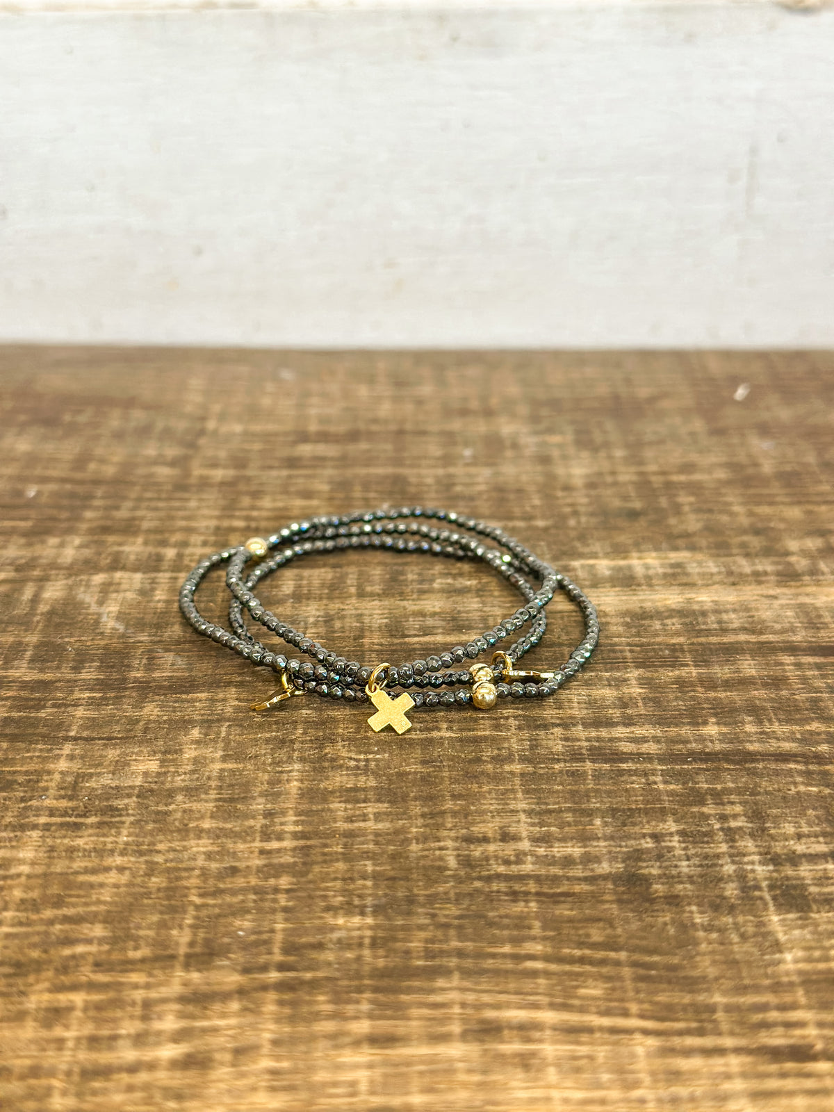 Faceted Hematite 2mm Bead Bracelet - Signature Cross Gold Charm