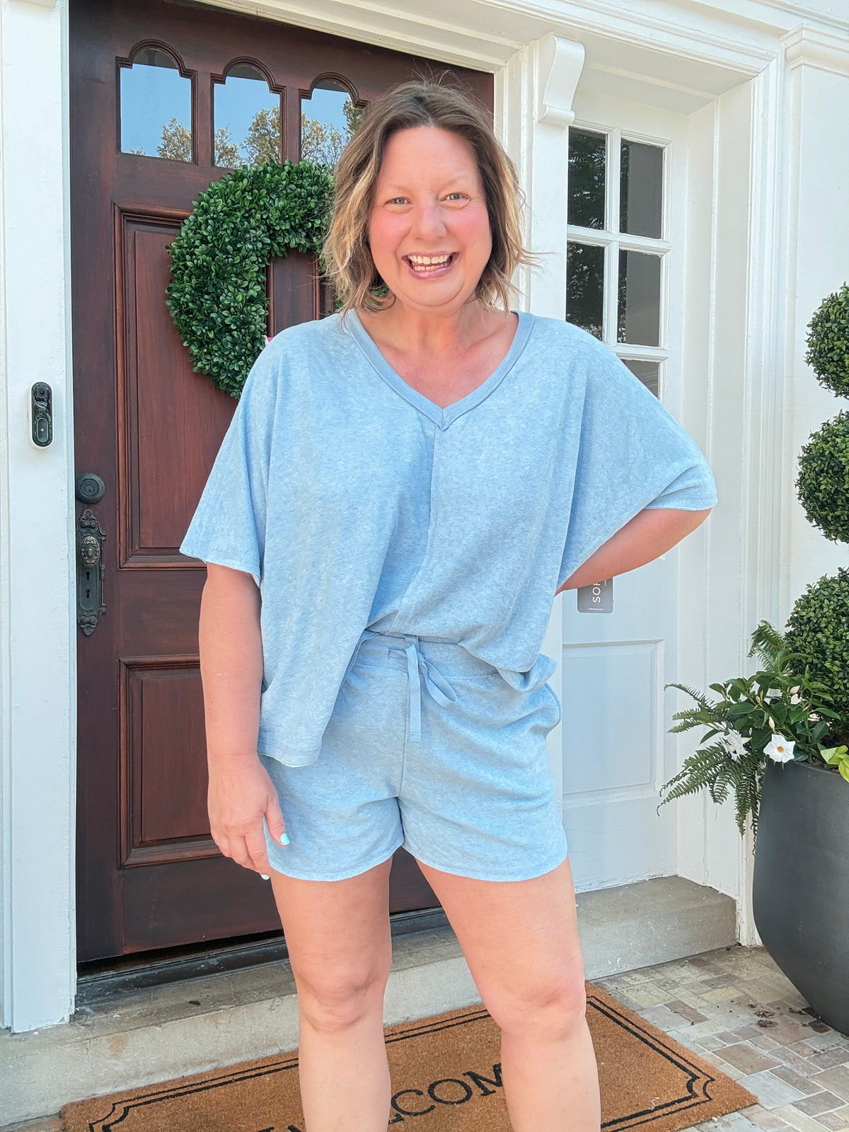 Terry Relaxed V-neck with Short Set - Heather Sky Blue