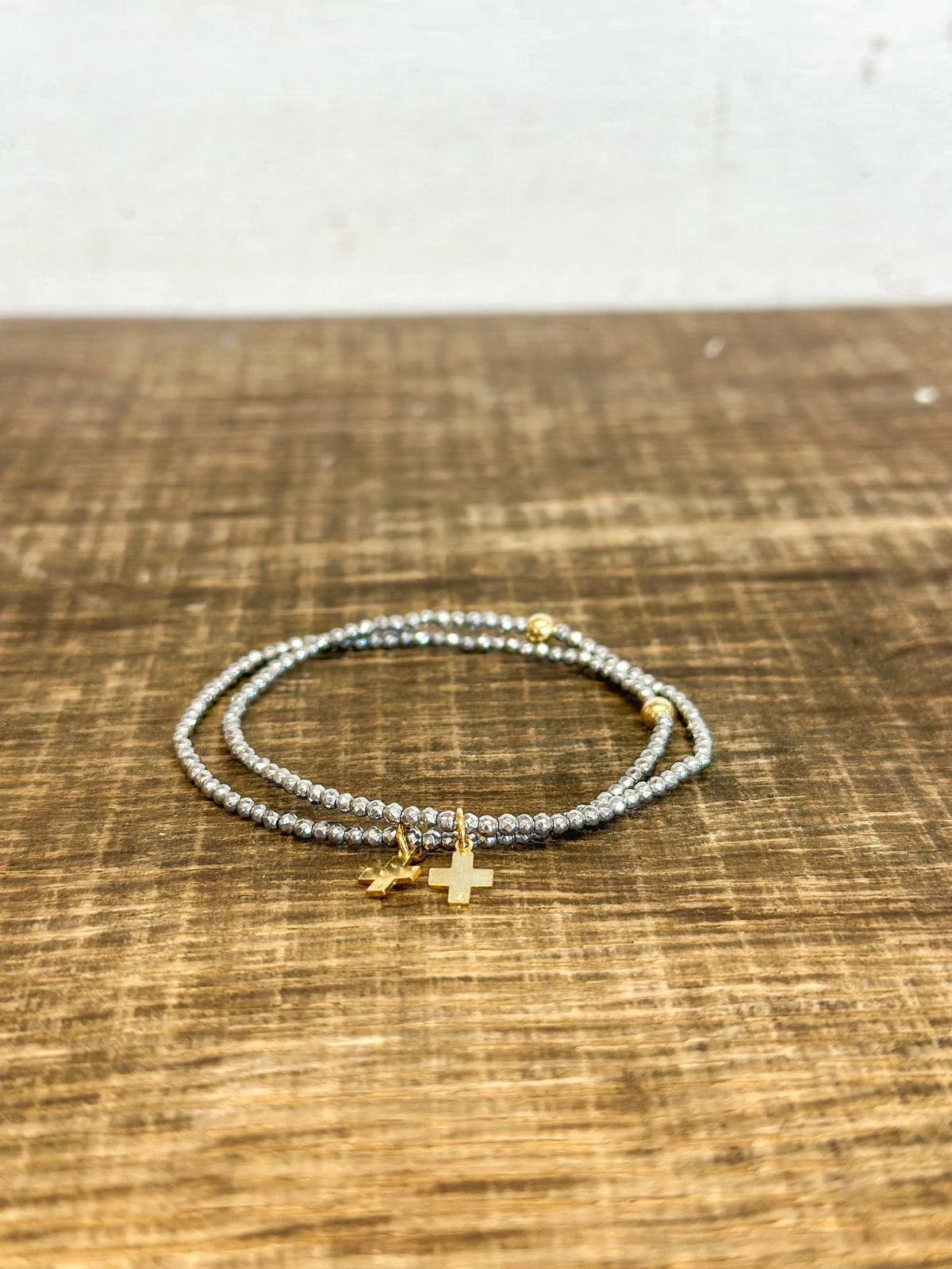 Silver Faceted Hematite 2mm Bead Bracelet - Signature Cross Gold Charm