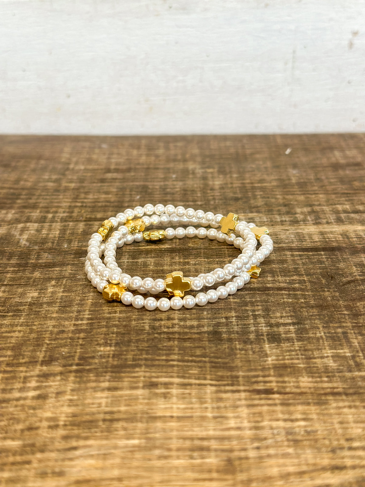 Signature Cross Pearl Pattern 4mm Bead Bracelet - Gold