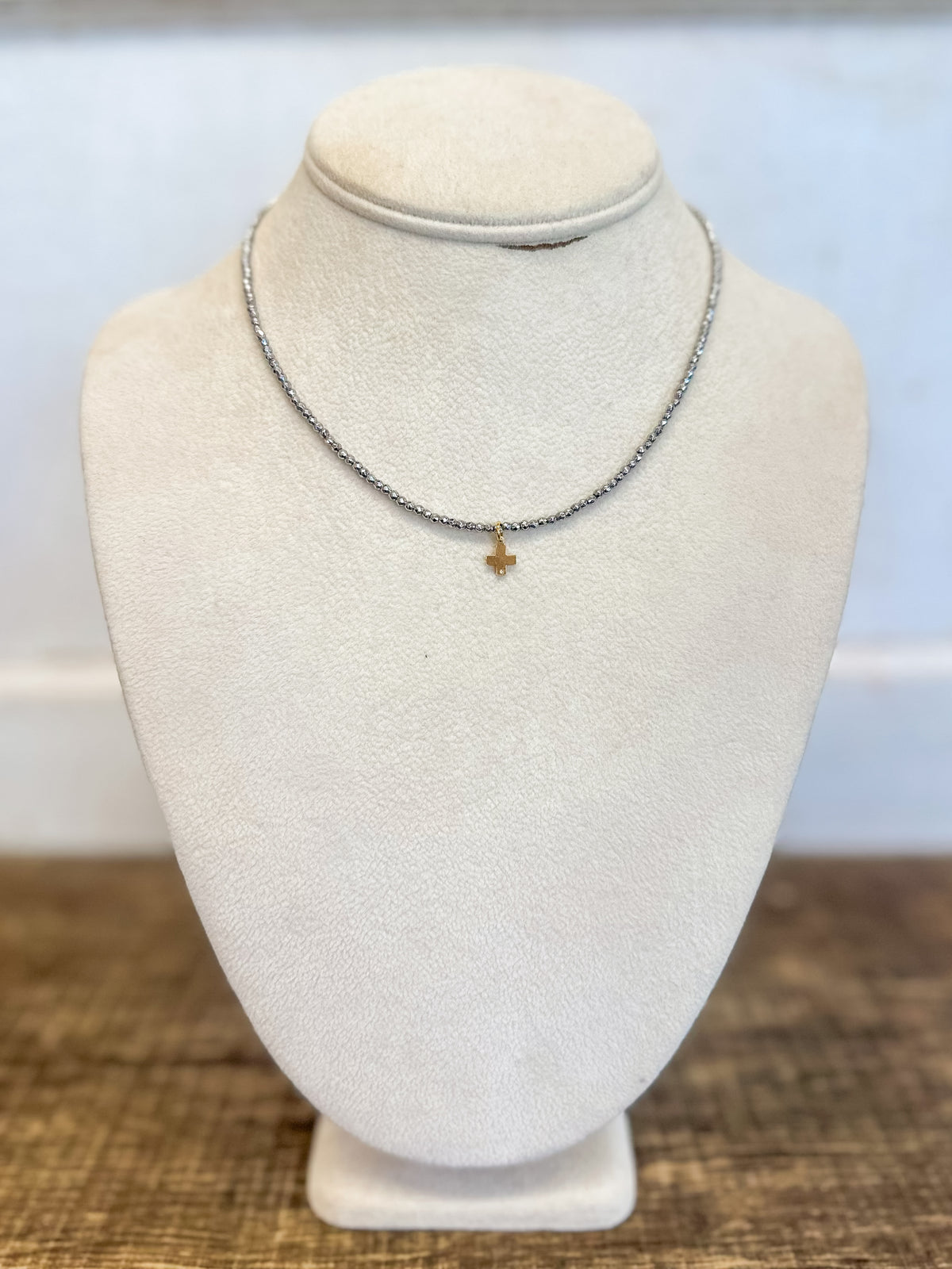 15" Choker Silver Faceted Hematite 2mm Bead - Signature Cross Gold Charm