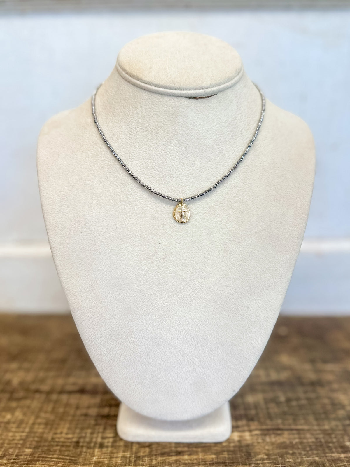 15" Choker Silver Faceted Hematite 2mm Bead - Inspire small Gold Charm
