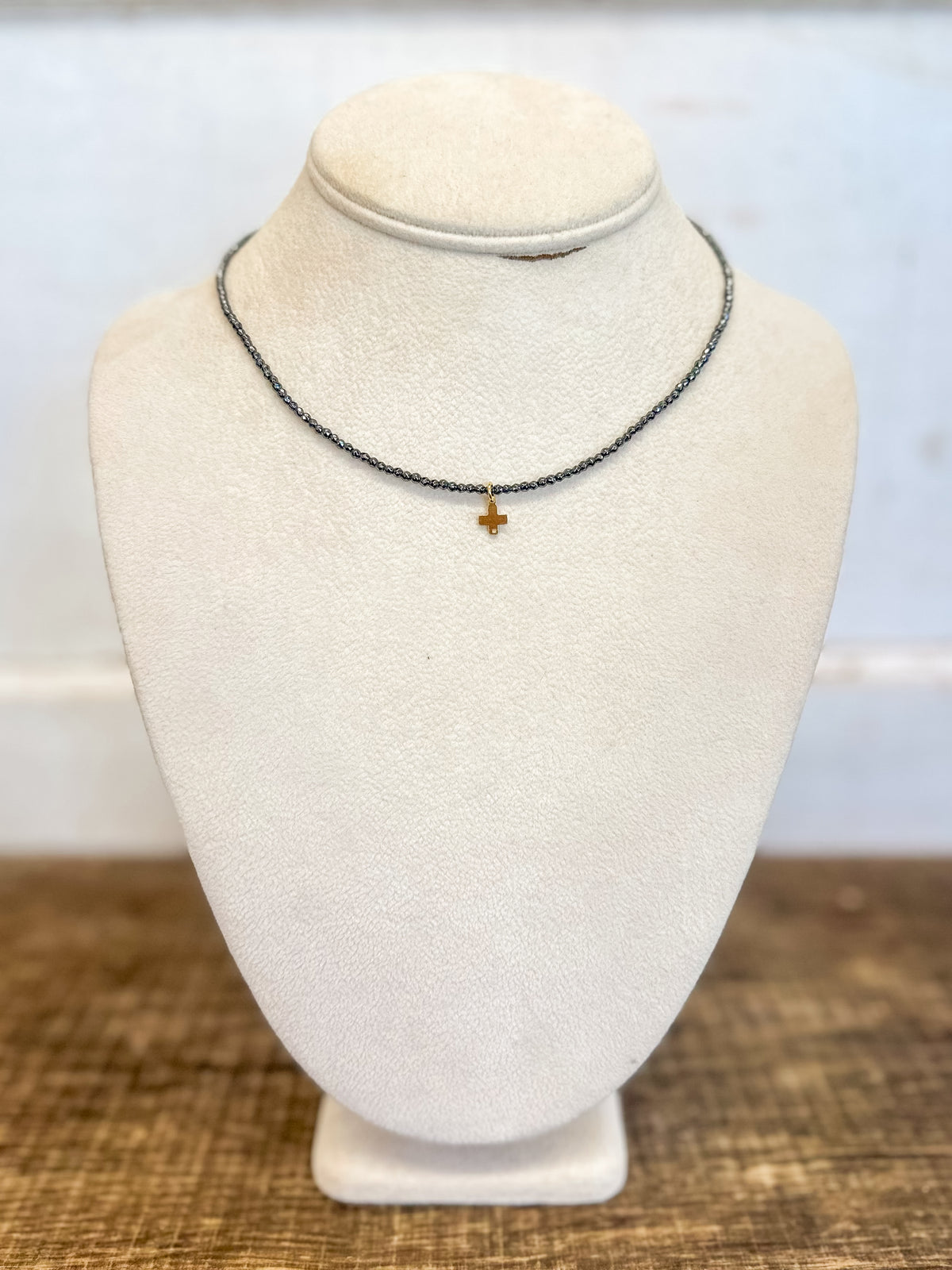 15" Choker Faceted Hematite 2mm Bead - Signature Cross Gold Charm