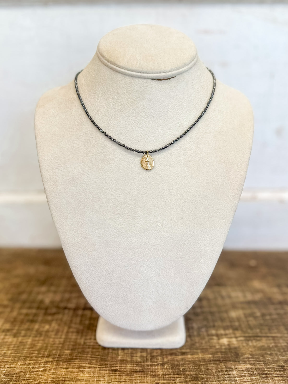 15" Choker Faceted Hematite 2mm Bead - Inspire Small Gold Charm