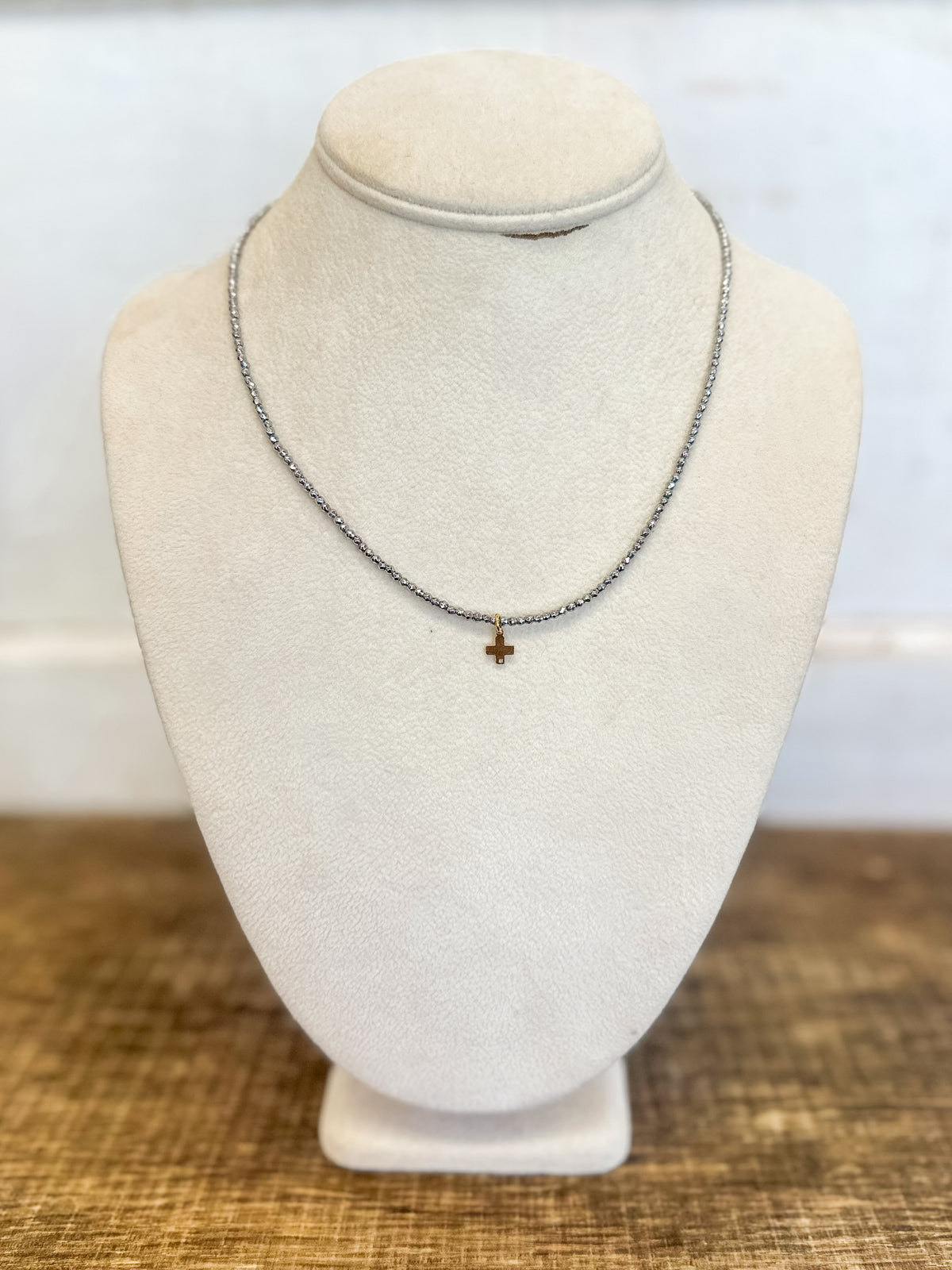 17" Choker Silver Faceted Hematite 2mm Bead - Signature Cross Gold Charm