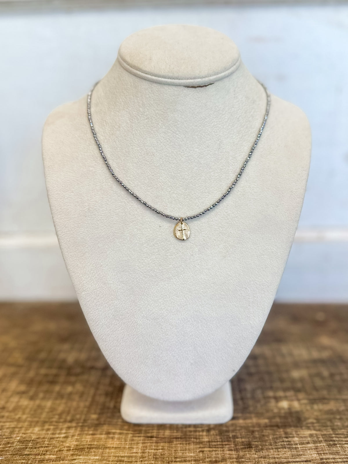 17" Choker Silver Faceted Hematite 2mm Bead - Inspire Small Gold Charm