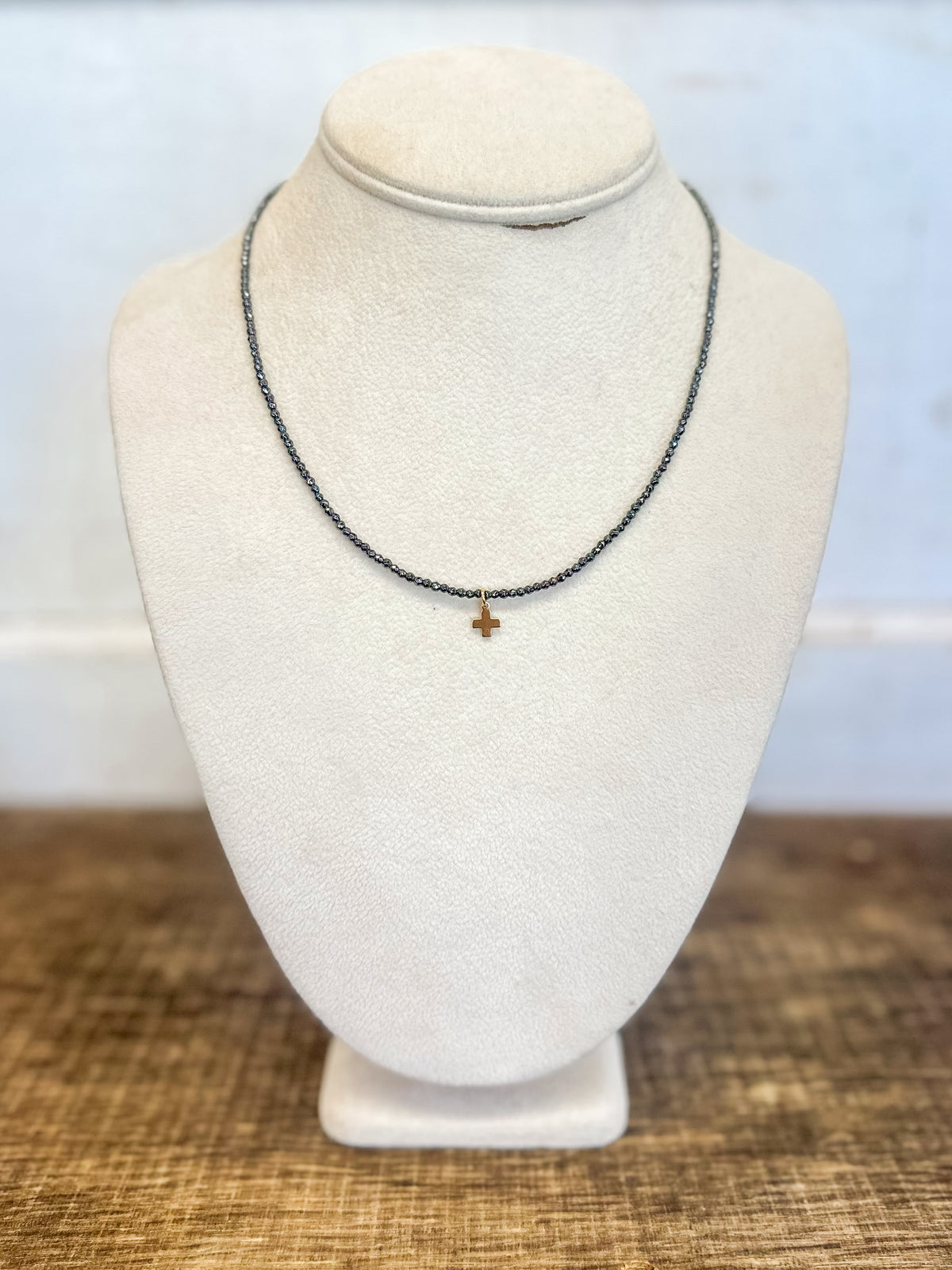 17" Choker Faceted Hematite 2mm Bead - Signature Cross Gold Charm
