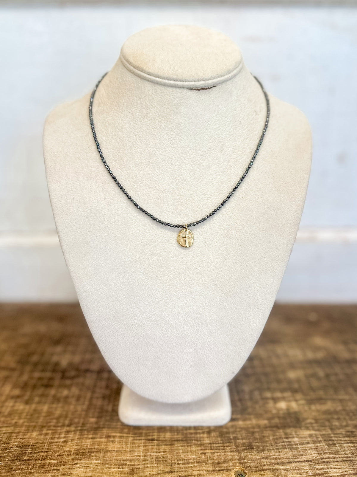 17" Choker Faceted Hematite 2mm Bead - Inspire Small Gold Charm