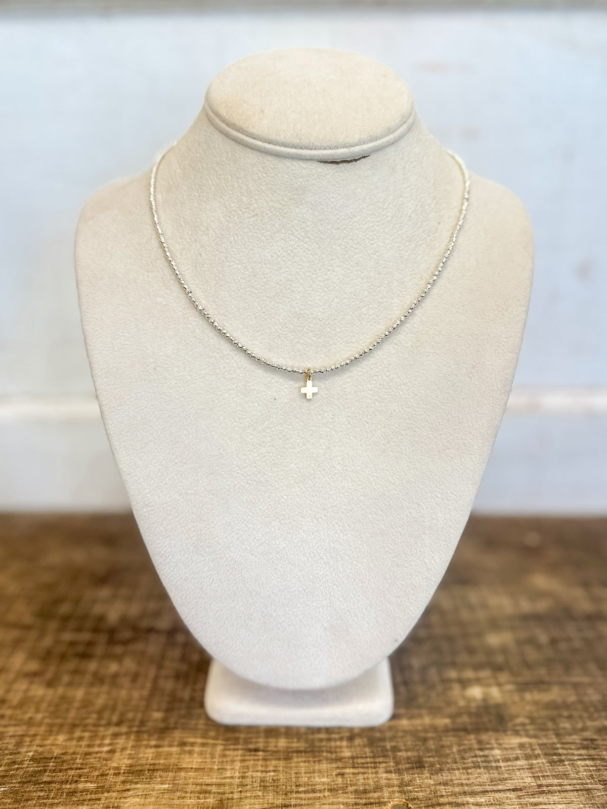 17" Choker Bright Silver Faceted Hematite 2mm Bead - Signature Cross Gold Charm