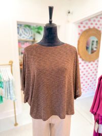 Boat Neckline Wide Dolman Sleeves Top - Brown