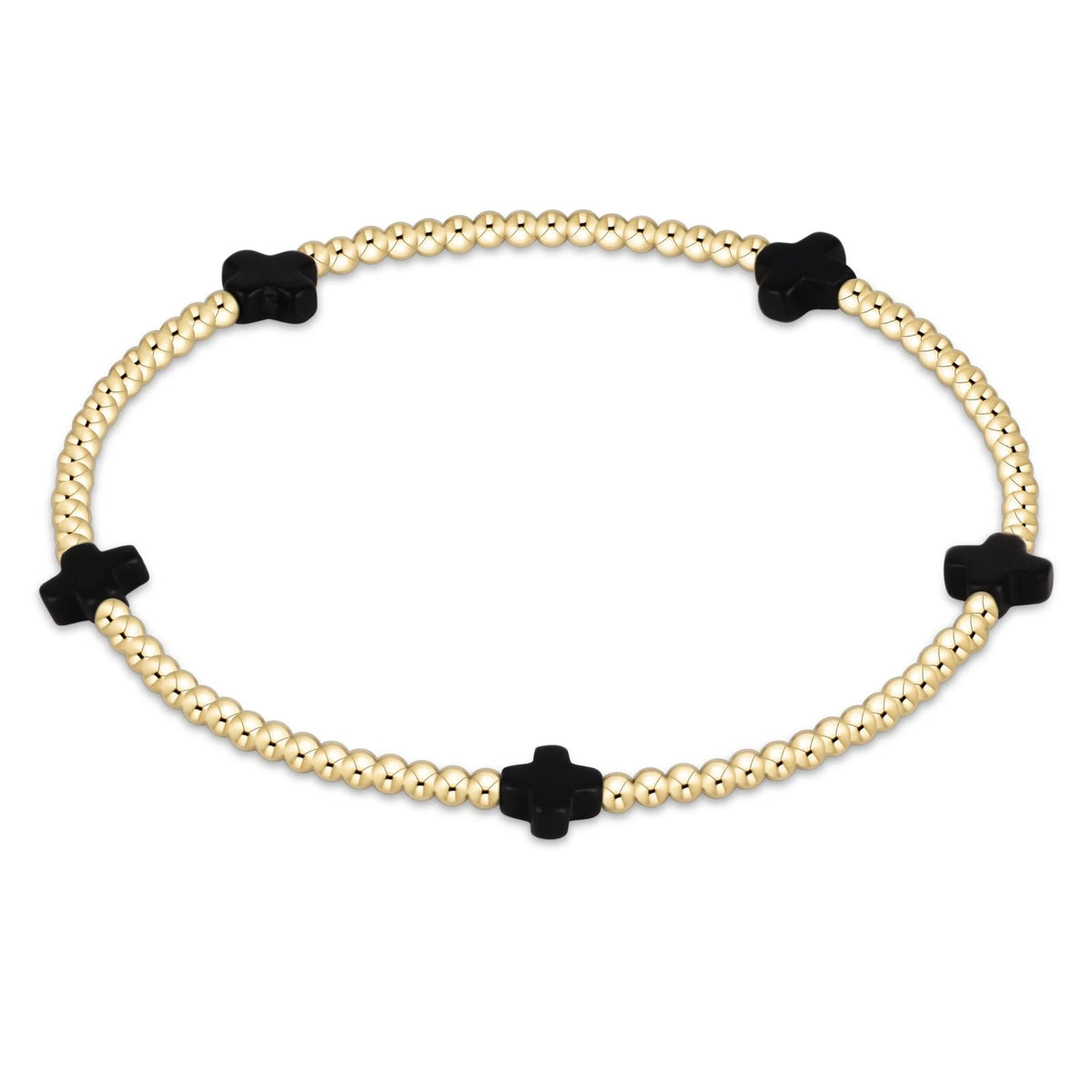 Signature Cross Small Gold 2mm Bead Bracelet - Onyx