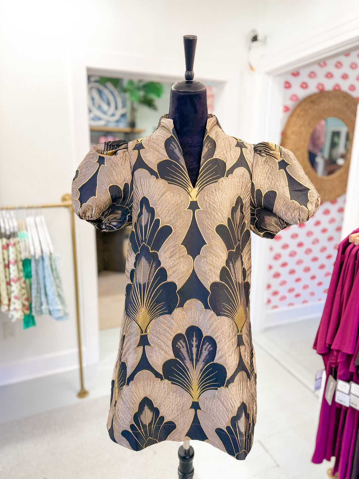 Mocha Gold Metallic Puff Sleeve Shift Dress