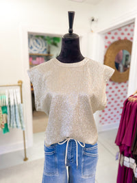Round Neck Band Short Sleeve Metallic Top - Champagne