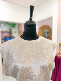 Round Neck Band Short Sleeve Metallic Top - Champagne