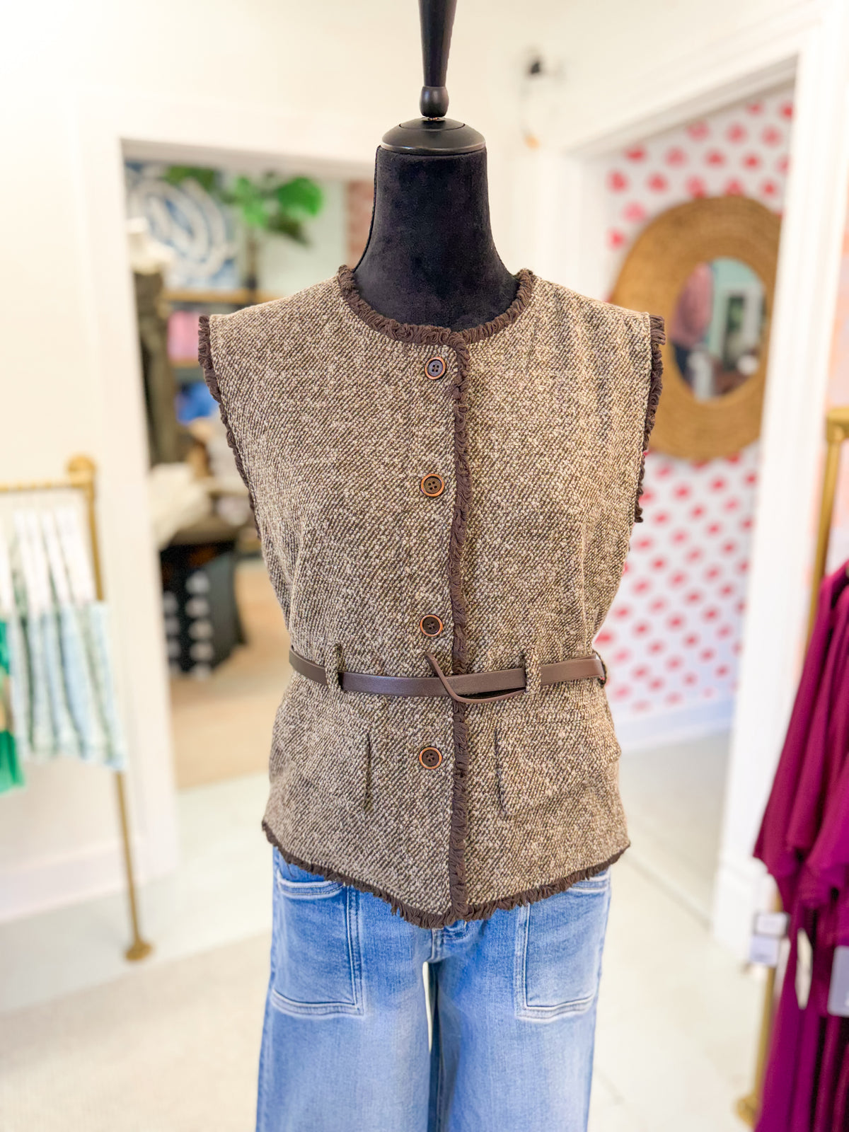 Fringe Edge Belted Tweed Vest - Dark Brown