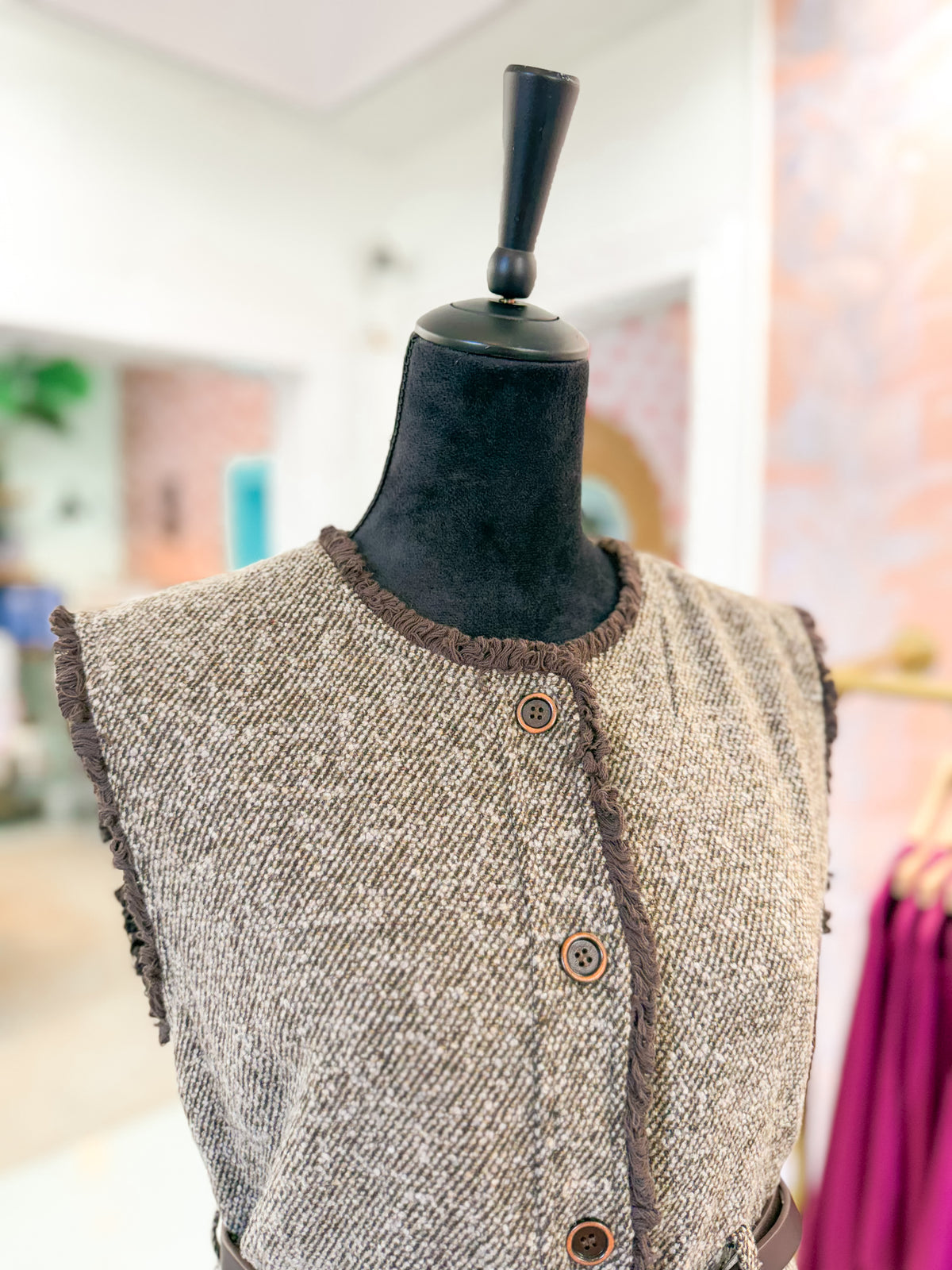 Fringe Edge Belted Tweed Vest - Dark Brown