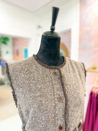 Fringe Edge Belted Tweed Vest - Dark Brown