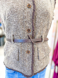 Fringe Edge Belted Tweed Vest - Dark Brown