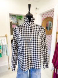 Gingham Check Ruffled Collar Shirt - Black