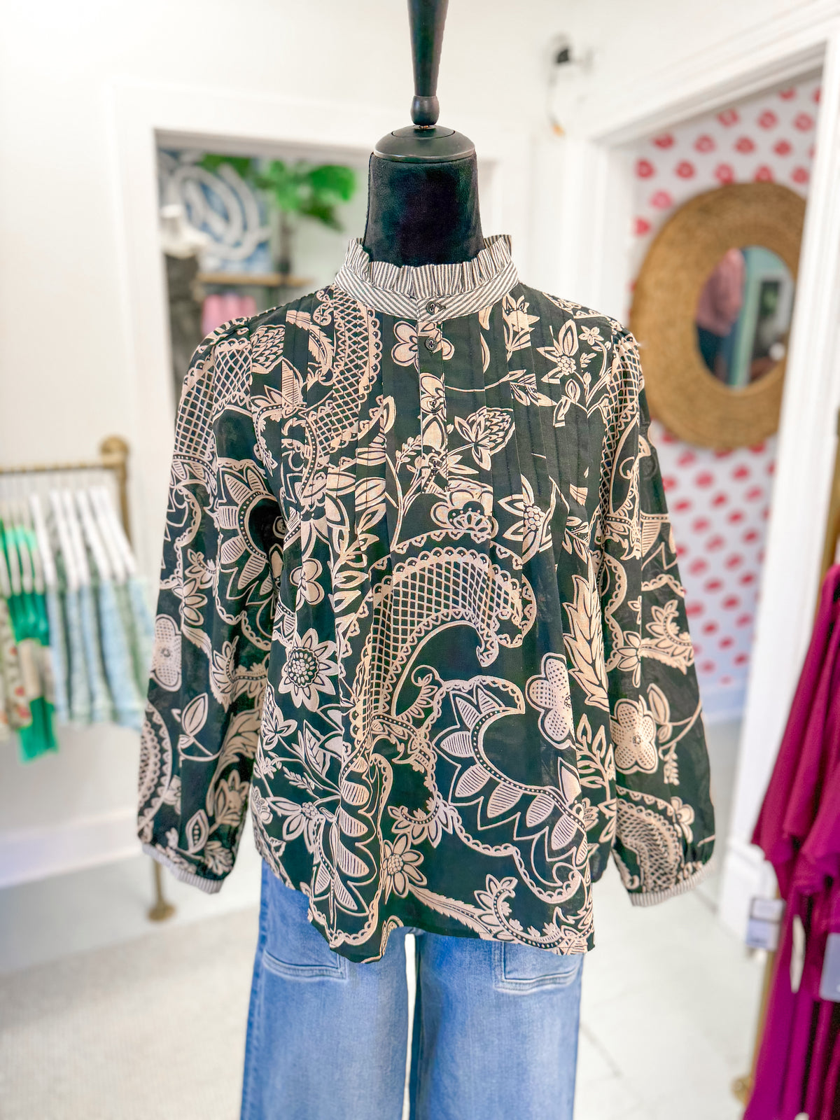Black Botanical Print Long Sleeve Blouse