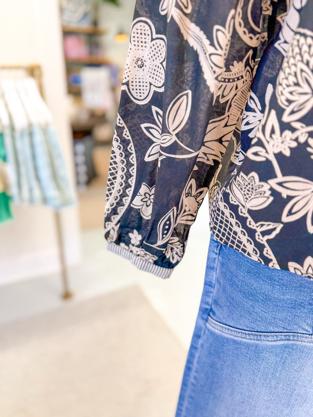 Black Botanical Print Long Sleeve Blouse