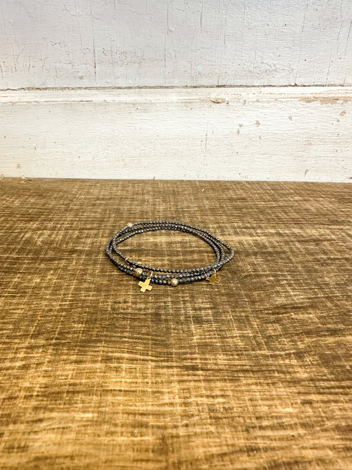 enewton Extends - Faceted Hematite 2mm Bead Bracelet - Signature Cross Gold Charm