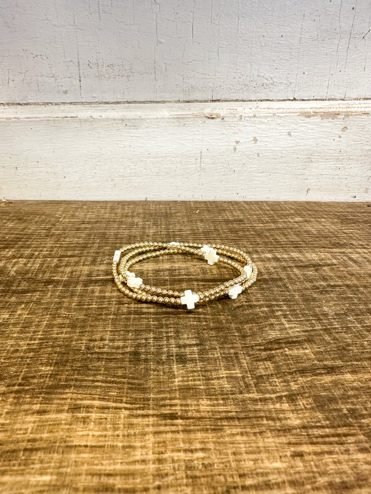 Extends - Signature Cross Gold Pattern 3mm Bead Bracelet - Off White